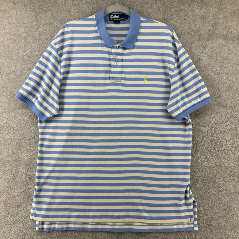 Polo Ralph Lauren Shirt Mens L Blue Striped Polo 1/4 Button Preppy Short Sleeve